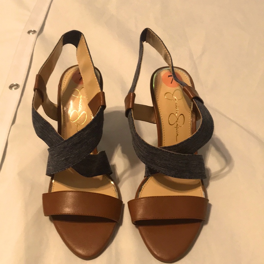 Jessica Simpson NWOB Stacked Stiletto Denim Fabric Strap Sandals Women’s Size 7